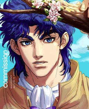 1boy ascot blue_eyes blue_hair bow bowtie branch commentary commentary_request commission flower high_collar holding holding_branch jacket jojo_no_kimyou_na_bouken jonathan_joestar looking_at_viewer male_focus messy_hair parted_lips phantom_blood pink_flower portrait purple_bow purple_bowtie santamanymany sky solo teeth white_ascot yellow_jacket