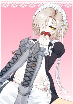 Rule 34 | 1girl, absurdres, apron, armored boots, azur lane, black dress, blonde hair, blush, boots, box, braid, braided hair rings, commentary request, covering own mouth, dress, from below, full body, garter straps, gift, hair over one eye, hair rings, half-closed eyes, hands up, heart-shaped box, high heel boots, high heels, highres, holding, holding gift, knee boots, knees together feet apart, knees up, lace-up boots, long sleeves, looking at viewer, looking down, maid apron, maid headdress, medium hair, sheffield (azur lane), shy, sitting, solo, super mizow, thighhighs, valentine, white apron, yellow eyes