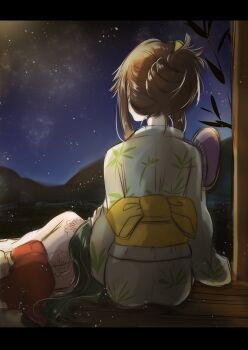 Rule 34 | 2girls, absurdres, brown hair, floral print, green hair, hair up, hand fan, highres, japanese clothes, kimono, lap pillow, letterboxed, long hair, lying, minashiro orihime, mountain, multiple girls, night, obi, on side, paper fan, plant, sash, shimotsukishin, sidelocks, sky, soukyuu no fafner, star (sky), starry sky, tatekami seri, yukata