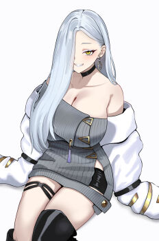 Rule 34 | 1girl, absurdres, bare shoulders, black boots, black shorts, blue lips, blush, boots, breasts, choker, cleavage, commentary request, dress, earrings, eyeliner, fate/grand order, fate (series), grey dress, grin, hair over one eye, hebi nyoubou (fate), highres, hoop earrings, jacket, jewelry, large breasts, long hair, long sleeves, looking at viewer, makeup, mrs. snake (second ascension) (fate), off shoulder, short shorts, shorts, sitting, smile, solo, sweater, sweater dress, tassel, thigh boots, thighs, white hair, white jacket, yellow eyes, yuzu sanma