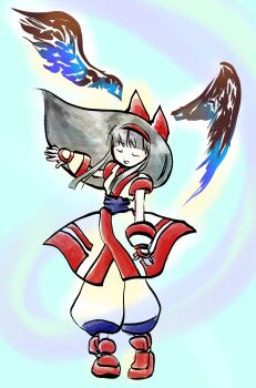 1girl ainu_clothes arm_up black_hair closed_eyes hair_ribbon highres legs long_hair nakoruru open_mouth pants ribbon samurai_spirits smile snk solo the_king_of_fighters thighs tongue wings