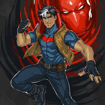 1boy bat_signal batman_(series) batman_symbol black_bodysuit black_gloves black_hair blue_eyes bodysuit brown_jacket dc_comics gloves grey_bodysuit highres jacket jason_todd male_focus mask multicolored_bodysuit multicolored_hair muscular muscular_male open_clothes pants plasticwangja red_hood_(dc) red_hood_and_the_outlaws red_mask superhero_costume taut_bodysuit two-tone_bodysuit two-tone_hair