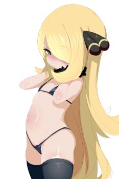 1girl aged_down bikini black_bikini black_thighhighs blonde_hair blush cynthia_(pokemon) female_focus flat_chest grey_eyes hair_ornament hair_over_one_eye highres kukuchi581 legs loli long_hair looking_at_viewer micro_bikini navel nintendo pokemon pokemon_dppt solo standing swimsuit thighhighs thighs white_background