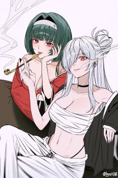 2girls absurdres alternate_costume astra_yao black_choker breasts choker cinderella_(nikke) cleavage crossover goddess_of_victory:_nikke green_hair hair_intakes hair_over_one_eye headband highres holding holding_smoking_pipe hyuiil365 japanese_clothes large_breasts long_hair long_sidelocks multiple_girls official_alternate_hairstyle one_eye_covered pants panty_straps red_eyes sidelocks smoke smoke_trail smoking_pipe very_long_hair white_background white_headband white_pants zenless_zone_zero