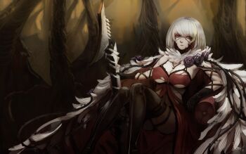 1girl anri_(anriplu) black_boots black_gloves blonde_streaks boots breasts cleavage code_vein commentary cross_scar dress eva_roux feather_boa flower gloves gun highres holding holding_gun holding_weapon large_breasts looking_at_viewer multicolored_hair purple_eyes purple_flower purple_rose red_dress rose scar scar_on_arm scar_on_face short_hair sitting solo streaked_hair thigh_boots torn_clothes torn_dress weapon white_hair