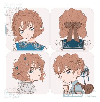 1girl bag blue_eyes braid brown_hair chart closed_mouth haibara_ai hair_chart hair_ornament highres meitantei_conan open_mouth ponytail ribbon shirt short_hair short_sleeves sleeveless smile uzsio00