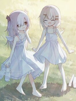 2girls :d ^_^ bare_arms bare_shoulders barefoot brown_eyes closed_eyes commentary_request dress hair_ornament hairclip holding long_hair multiple_girls open_mouth original shoes sleeveless sleeveless_dress smile toes watermark white_dress yuuhagi_(amaretto-no-natsu)