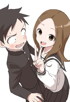 Rule 34 | 1boy, 1girl, :d, absurdres, black hair, black jacket, black pants, black sailor collar, black skirt, blush, brown eyes, brown hair, commentary request, forehead, gakuran, highres, jacket, karakai jouzu no takagi-san, long hair, long sleeves, looking at another, looking at viewer, nishikata, official art, open mouth, pants, parted bangs, pleated skirt, sailor collar, school uniform, serafuku, shirt, simple background, skirt, smile, sweat, takagi-san, teeth, upper teeth only, v, v-shaped eyebrows, white background, white shirt, yamamoto souichirou