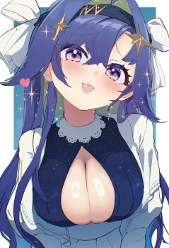 1girl :p absurdres black_hairband blonde_hair blue_background blue_eyes blue_hair border breasts c_civciv cleavage cleavage_cutout clothing_cutout colored_inner_hair dress hair_intakes hair_ornament hairband heart highres large_breasts long_hair long_sleeves looking_at_viewer multicolored_hair reverse:1999 snake_hair_ornament solo sparkle tongue tongue_out upper_body voyager_(reverse:1999) white_border white_dress