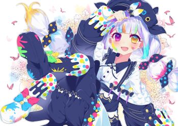 1girl :d artist_painter beret black_jacket black_shorts boots bow bug butterfly collared_shirt hashtag-only_commentary hat heterochromia highres holding holding_paintbrush insect jacket jogasaki_noah knees_up long_hair long_sleeves looking_at_viewer lying mahou_shoujo_no_majo_saiban multi-tied_hair multicolored_hair neck_ribbon on_back open_mouth paint_splatter paintbrush pink_eyes polka_dot polka_dot_bow ribbon shirt shoe_soles shorts smile solo streaked_hair sui_is_dead white_boots white_hair white_shirt yellow_eyes