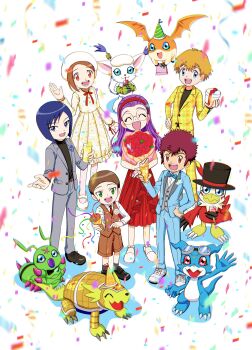 Rule 34 | 3girls, 6+boys, absurdres, anniversary, armadillo, armadimon, beak, bird, black shirt, blonde hair, blue eyes, blue hair, blue jacket, blue pants, blue skin, body fur, brown eyes, brown hair, brown shorts, brown vest, bug, cat, colored skin, confetti, digimon, digimon adventure 02, dragon, dress, goggles, goggles on head, group picture, hawkmon, head wings, hida iori, highres, ichijouji ken, inoue miyako, jacket, kuramon, long hair, medium hair, motomiya daisuke, multiple boys, multiple girls, pants, patamon, purple hair, shirt, short hair, shorts, tailmon, takaishi takeru, talons, ulen (asin), v-mon, vest, white fur, white shirt, wings, wormmon, yagami hikari, yellow dress, yellow jacket, yellow pants