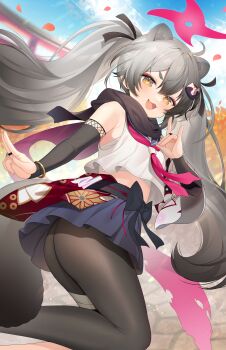 1girl :3 :d absurdres animal_ears ass bare_shoulders black_pantyhose black_scarf blue_archive blue_skirt blue_sky blush brown_eyes commentary day extra_ears fang fox_shadow_puppet gradient_hair grey_hair hair_between_eyes halo highres kooriais kuji-in long_hair looking_at_viewer michiru_(blue_archive) miniskirt multicolored_hair neckerchief ninja open_mouth outdoors pantyhose pink_halo pink_neckerchief pleated_skirt raccoon_ears raccoon_girl raccoon_hair_ornament raccoon_tail scarf short_eyebrows skirt sky smile solo tail thick_eyebrows twintails v-shaped_eyebrows