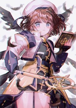 Rule 34 | 1girl, absurdres, black dress, black gloves, black wings, blush, book, brown hair, cowboy shot, cropped jacket, dress, falling feathers, feathers, fingerless gloves, gloves, gold trim, hat, highres, hn sit, holding, holding book, holding staff, jacket, juliet sleeves, light blush, long sleeves, lyrical nanoha, mahou shoujo lyrical nanoha, mahou shoujo lyrical nanoha a&#039;s, parted lips, puffy sleeves, schwertkreuz, short hair, solo, staff, tome of the night sky, white hat, white jacket, wings, yagami hayate