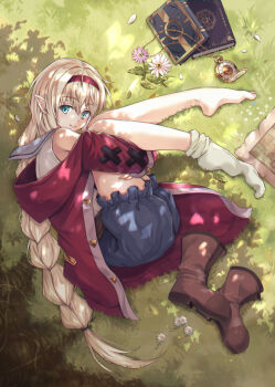1girl armpit_crease blonde_hair blue_eyes book boots braid braided_ponytail brown_boots character_request commentary_request dappled_sunlight elf fingernails flower hairband hugging_own_legs isekai_de_slow_life_wo_(ganbou) long_hair looking_at_viewer lying map_(object) on_side ouka_(ra-raradan) pocket_watch pointy_ears red_hairband single_sock sleeveless smile socks solo sunlight unworn_boots watch
