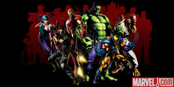 10s 1girl 3d 5boys capcom chris_redfield highres hulk iron_man marvel marvel_vs._capcom marvel_vs._capcom_3 morrigan_aensland multiple_boys official_art resident_evil ryu_(street_fighter) street_fighter darkstalkers wolverine_(x-men) x-men