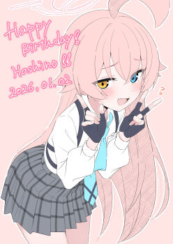 1girl :d absurdres ahoge black_gloves black_skirt blue_archive blue_eyes blue_necktie blush commentary_request dated double_v fang fingerless_gloves gloves halo hands_up happy_birthday heterochromia highres hoshino_(blue_archive) long_hair long_sleeves looking_at_viewer miniskirt mistel_(sukebemistel) necktie open_mouth outline pink_background pink_hair pink_halo plaid_clothes plaid_skirt puffy_long_sleeves puffy_sleeves shirt simple_background skin_fang skirt smile solo v very_long_hair white_outline white_shirt yellow_eyes