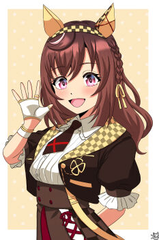 1girl absurdres animal_ears blush braid breasts brown_hair buena_vista_(heroina_inocente)_(umamusume) buena_vista_(umamusume) color_neko_(user_yfvc3323) commentary_request hair_between_eyes hair_ornament hairband highres horse_ears horse_girl long_hair looking_at_viewer medium_breasts necktie open_mouth purple_eyes simple_background solo umamusume