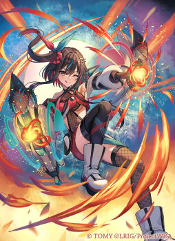 Rule 34 | 1girl, black thighhighs, breasts, brown hair, closed mouth, commentary request, copyright notice, fishnet leotard, fishnet thighhighs, fishnets, leotard, long hair, looking at viewer, madopen, medium breasts, ninja, official art, one eye closed, shoes, smile, solo, thighhighs, tongue, tongue out, white shoes, wixoss, yellow eyes, yuzuki (wixoss)