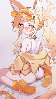1girl animal_ears ass blonde_hair blue_archive fox_ears halo highres izuoku jacket loli long_hair looking_at_viewer official_alternate_costume seia_(blue_archive) seia_(swimsuit)_(blue_archive) sitting solo sunglasses swimsuit tail visor_cap wariza