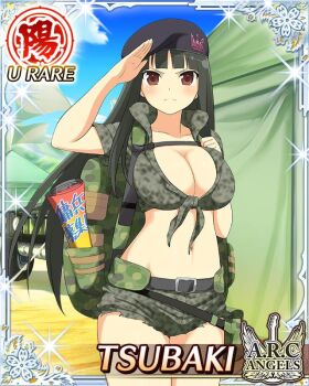 1girl backpack bag belt beret black_hair border breasts camouflage camouflage_shirt camouflage_shorts card_(medium) character_name cleavage closed_mouth crop_top english_text frown game_cg hat hime_cut large_breasts long_hair military_jeep military_uniform motor_vehicle navel official_alternate_costume official_art outdoors red_eyes salute senran_kagura senran_kagura_new_wave shirt shorts solo tent tsubaki_(senran_kagura)