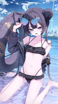 1girl 333shishishi333 adjusting_eyewear alternate_costume bikini black_bikini black_hair black_jacket blue_archive blue_sky braid braided_bun butterfly_earrings cloud collarbone double_bun dragon_print earrings eyewear_lift feet fingernails flat_chest grey_eyes hair_bun hair_over_shoulder halo hand_up highleg highleg_bikini highres holding holding_swim_ring innertube jacket jacket_partially_removed jewelry kisaki_(blue_archive) layered_bikini light_blush loli long_hair long_sleeves looking_at_viewer nail_polish navel off_shoulder on_water open_mouth pink_nails sitting sky smile solo stomach sunglasses swim_ring swimsuit toenail_polish toenails toes twintails very_long_hair wariza white_halo