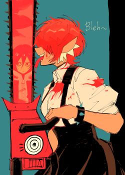 1girl 1other absurdres blood blood_on_clothes bracelet chainsaw commentary dress english_commentary english_text from_side hair_over_eyes highres holding jewelry licking licking_weapon messy_hair multicolored_hair open_mouth original pointy_ears puffy_sleeves red_hair reflection senranx sharp_teeth shirt simple_background sound_effects spiked_bracelet spikes teeth tongue tongue_out weapon white_hair white_shirt