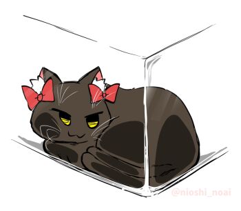 :3 against_glass animal_focus black_cat bow brown_cat cat cat_loaf commentary_request full_body kaenbyou_rin kaenbyou_rin_(cat) multiple_tails no_humans noai_nioshi red_bow simple_background solo tail touhou twitter_username two_tails white_background yellow_eyes