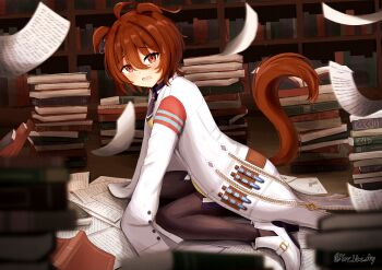 1girl absurdres agnes_tachyon_(umamusume) animal_ears black_pantyhose black_shirt blue_sky_aosan book book_stack bookshelf brown_hair chemical_structure coat cork ear_ornament earrings flying_paper frown hair_between_eyes hem_peeking_out high_heels highres horse_ears horse_girl horse_tail jewelry lab_coat long_sleeves pantyhose paper parted_lips red_eyes shelf shirt shoes short_hair single_earring sitting sleeves_past_fingers sleeves_past_wrists solo sweatdrop sweater tail tearing_up test_tube umamusume wariza white_coat white_shoes yellow_sweater