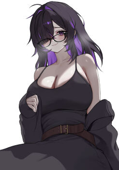1girl absurdres armpit_crease bags_under_eyes bare_shoulders belt black-framed_eyewear black_cardigan black_dress black_hair blush breasts cardigan cardigan_partially_removed colored_inner_hair dress gadeung_hye glasses goddess_of_victory:_nikke hair_over_one_eye highres huge_breasts label_(nikke) long_hair mole mole_on_breast multicolored_hair one_eye_covered purple_hair simple_background solo sweatdrop two-tone_hair wavy_mouth white_background