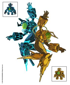 2girls absurdres android apoloniodraws armor ben_10 ben_10:_omniverse blue_armor clock clockwork_(ben_10) flying genderswap genderswap_(mtf) highres jetpack jumpsuit mechanical_arms mechanical_legs multiple_girls omnitrix power_armor yellow_armor