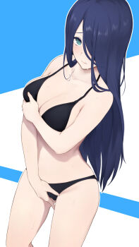 1girl bare_arms bare_shoulders bikini black_bikini black_hair blue_eyes blush breasts cassandra_ilion closed_mouth collarbone cowboy_shot dungeon_ni_deai_wo_motomeru_no_wa_machigatteiru_darou_ka female_masturbation fingering fingering_through_clothes gobi_(jtnyrwbkohiqsuldg) grabbing_own_breast hair_over_one_eye highres large_breasts long_hair looking_at_viewer masturbation solo swimsuit through_clothes very_long_hair