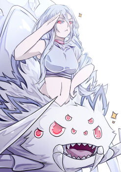 1girl :< arachne arm_up arthropod_girl bare_shoulders braid breasts choker closed_mouth commentary_request covered_collarbone crop_top extra_eyes hair_between_eyes hand_on_own_hip insect_girl kumo_desu_ga_nani_ka? kumoko_(kumo_desu_ga_nani_ka?) large_breasts long_bangs long_braid long_hair making-of_available midriff monster_girl navel open_mouth red_choker red_eyes riin_(rikulaw) salute sharp_teeth shirt sidelocks simple_background single_braid sleeveless sleeveless_shirt solo sparkle spider_girl standing taur teeth very_long_hair white_background white_hair white_shirt