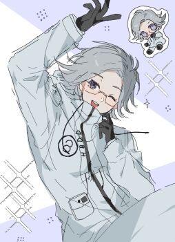 Rule 34 | 1boy, aotsuki eito, arm up, black gloves, black shoes, chibi, chinese commentary, commentary request, drawstring, glasses, gloves, grey hair, hand up, high collar, highres, jacket, long sleeves, male focus, multiple views, one eye closed, open mouth, pants, pocket, purple eyes, rectangular eyewear, semi-rimless eyewear, shoes, short hair, sitting, smile, sparkle, star6991, teeth, the hundred line -last defense academy-, upper teeth only, white jacket, white pants