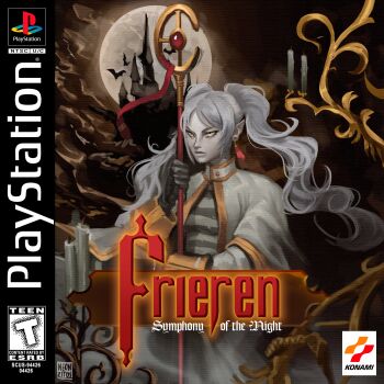 1girl absurdres artist_name black_gloves candelabra candlestand cape castle castlevania:_symphony_of_the_night castlevania_(series) content_rating derivative_work earrings english_text esrb frieren game_console gloves glowing glowing_eyes grey_hair highres jewelry konami long_pointy_ears long_sleeves neon_(neonzitos) outdoors pale_skin playstation_1 pointy_ears solo sousou_no_frieren standing tassel tassel_earrings twintails upper_body video_game_cover_redraw white_cape