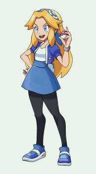 1girl 2026 absurdres alternate_costume alternate_hairstyle bare_arms black_pants blonde_hair blue_background blue_headband blue_jacket blue_shoes blue_skirt blue_sneakers commentary cropped_jacket crossover english_commentary female_focus full_body headband highres holding holding_poke_ball jacket legs_apart looking_ahead maria_robotnik nintendo open_mouth pants parted_bangs poke_ball poke_ball_(basic) pokemon puffy_short_sleeves puffy_sleeves sega shirt shoes short_sleeves simple_background skirt solo sonic_(series) standing teeth thenovika upper_teeth_only v-shaped_eyebrows white_shirt