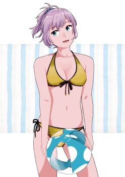 1girl aoba_(kancolle) ball beachball bikini blue_eyes breasts cleavage cowboy_shot hair_ornament hair_scrunchie holding holding_ball holding_beachball kantai_collection medium_breasts ojipon open_mouth ponytail purple_hair scrunchie side-tie_bikini_bottom simple_background solo swimsuit yellow_bikini