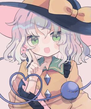 1girl :d black_hat bow buttons commentary_request diamond_button frilled_shirt_collar frilled_sleeves frills green_eyes green_hair hat heart heart_of_string hiyuu_(hiyualice) index_finger_raised komeiji_koishi long_sleeves looking_at_viewer medium_hair open_mouth shirt simple_background smile solo third-party_source touhou upper_body white_background wings yellow_bow yellow_shirt