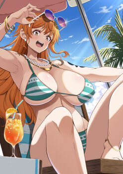 1girl 2025 adapted_costume anklet arm_tattoo armpits beach_chair beach_umbrella bead_anklet beads bikini bracelet breasts brown_eyes cleavage cocktail cocktail_glass commentary_request cup drink drinking_glass earrings eyewear_on_head green_bikini highres jewelry kojirou! large_breasts long_hair nami_(one_piece) nami_(one_piece)_(return_to_sabaody) one_piece orange_hair outdoors palm_tree pearl_earrings shoulder_tattoo smile solo striped_bikini striped_clothes swimsuit tattoo thighs tree umbrella wavy_hair