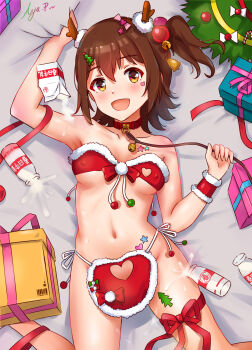 1girl animal_collar antlers arm_up bare_shoulders bdsm bell blush bottle box brown_eyes brown_hair christmas christmas_tree christmas_tree_hair_ornament collar collarbone commentary covered_erect_nipples drink_carton english_commentary fake_antlers from_above gift gift_box hair_bell hair_ornament heart heart_sticker highres horns idolmaster idolmaster_million_live! kasuga_mirai koaya leash looking_at_viewer lying milk milk_bottle milk_carton navel no_panties on_back one_side_up open_mouth reindeer_antlers revealing_clothes santa_costume short_hair signature slave smile solo spilled_milk sticker sticker_on_face thigh_strap