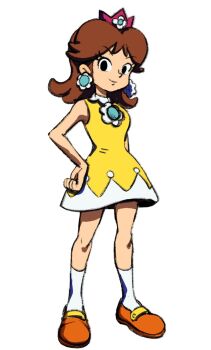 Rule 34 | 1girl, black eyes, brown hair, brown shoes, crown, dress, earrings, flower earrings, hand on own hip, highres, jewelry, long hair, looking at viewer, mari luijiroh, mario (series), nintendo, princess daisy, princess daisy (classic sports), shoes, simple background, smile, white background, yellow dress