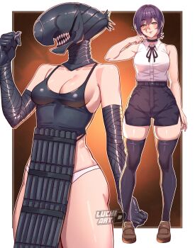 2girls absurdres black_choker black_dress black_hair black_shorts black_thighhighs bomb_devil_(chainsaw_man) breasts brown_shoes chainsaw_man choker cleavage commentary dress dual_persona green_eyes hair_between_eyes highres luchidart medium_breasts multiple_girls panties reze_(chainsaw_man) sharp_teeth shirt shoes short_shorts shorts sleeveless sleeveless_shirt smile teeth thighhighs thighs underwear watermark white_panties white_shirt