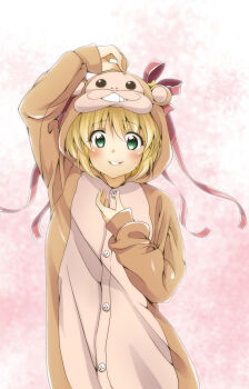 1girl 2016 absurdres animal_costume arm_up blonde_hair blush ca2la chinese_zodiac commentary_request cosplay cowboy_shot eyelashes eyes_visible_through_hair green_eyes grin hair_between_eyes hair_ornament hair_ribbon hand_up highres hood hood_up kamikita_komari kigurumi lips little_busters! long_ribbon long_sleeves looking_at_viewer monkey_costume nengajou new_year partial_commentary pink_background red_ribbon ribbon scratching_head short_hair simple_background sleeves_past_wrists smile solo standing star_(symbol) star_hair_ornament year_of_the_monkey