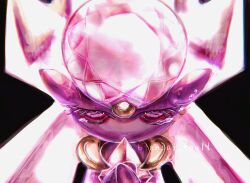 1girl artist_name black_background chest_jewel closed_mouth colored_sclera colored_skin crying diancie eyelashes female_focus gem gen_6_pokemon half-closed_eyes hands_on_own_chest hands_up legendary_pokemon long_hair looking_at_viewer mythical_pokemon neverland+ nintendo own_hands_together pink_eyes pink_gemstone pink_hair pink_sclera pokemon pokemon_(creature) portrait purple_skin sad signature simple_background solo straight-on tears twintails twitter_username