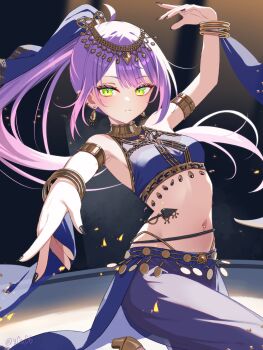 1girl arm_up armlet armpits black_nails blue_sarong bracelet breasts circlet dancer dancing demon_tail earrings floating_hair gold gold_bracelet green_eyes harem_outfit high_ponytail highres hololive jewelry long_hair looking_at_viewer medium_breasts navel navel_piercing piercing ponytail purple_hair sarong solo tail tokoyami_towa very_long_hair virtual_youtuber you06