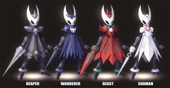 armor armored_dress arthropod_girl bead_necklace beads black_background black_cloak blue_cloak chest_jewel cloak commentary crown dress english_commentary flower gem highres holding holding_needle holding_polearm holding_sword holding_weapon hollow_knight hollow_knight:_silksong hornet_(hollow_knight) horns jewelry knight mega_man_(series) mega_man_zero_(series) mega_man_zx necklace needle polearm red_cloak shoulder_armor simple_background spear spider_lily string sword ultimatemaverickx weapon white_cloak