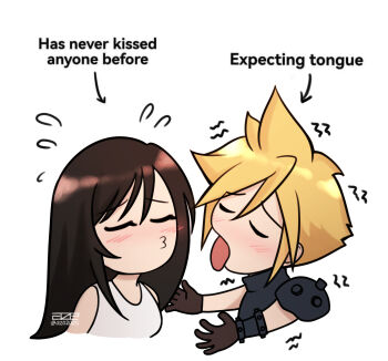 1boy 1girl absurdres armor arrow_(symbol) artist_name azezazel bare_shoulders black_hair blonde_hair blush brown_gloves closed_eyes cloud_strife commentary couple english_commentary english_text facing_another final_fantasy final_fantasy_vii final_fantasy_vii_rebirth final_fantasy_vii_remake flying_sweatdrops gloves hasn't_kissed_anyone_ever_vs_expecting_a_kiss_with_tongue_(meme) hetero highres imminent_kiss long_hair meme motion_lines o3o open_hands outstretched_arms puckered_lips short_hair shoulder_armor signature simple_background sleeveless sleeveless_turtleneck spiked_hair sweater tank_top tifa_lockhart tongue tongue_out trembling turtleneck turtleneck_sweater twitter_username upper_body waiting_for_kiss white_background white_tank_top