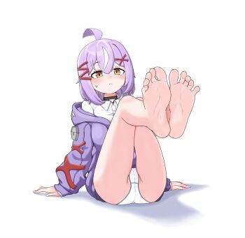 1girl absurdres barefoot blush brown_eyes feet feet_up highres langui_moxia looking_at_viewer medium_hair original panties pantyshot purple_hair soles toes underwear