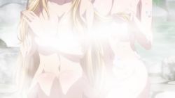 2girls angelica_rapha_redgrave animated anime_screenshot blonde_hair blue_eyes breasts convenient_censoring huge_breasts large_breasts long_hair multiple_girls olivia_(mobseka) onsen otome_game_sekai_wa_mob_ni_kibishii_sekai_desu red_eyes soap_bubbles soap_censor sound steam steam_censor tagme video