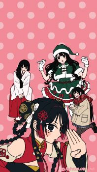 Rule 34 | 1girl, absurdres, black eyes, black hair, black pantyhose, black shoes, blunt sidelocks, blush stickers, bow, braid, braided hair rings, brown coat, bun cover, china dress, chinese clothes, coalowl, coat, colored tips, commentary request, copyright notice, cropped jacket, detached sleeves, double bun, dress, flat color, flower, frilled skirt, frills, fur-trimmed headwear, fur trim, gloves, green hat, green jacket, green skirt, hair bow, hair bun, hair flower, hair ornament, hair rings, hand up, hands up, hat, highres, holding, holding snowball, jacket, japanese clothes, kimono, long hair, long skirt, long sleeves, looking at viewer, miko, multicolored hair, multiple costumes, multiple views, nijisanji, official art, official wallpaper, pantyhose, pink background, plaid clothes, plaid scarf, polka dot, polka dot background, pom pom (clothes), red dress, red hair, red scarf, red skirt, red sleeves, santa costume, santa hat, scarf, second-party source, shoes, short sleeves, sidelocks, skirt, snowball, tassel, tassel hair ornament, tsukino mito, tsukino mito (china dress), tsukino mito (new year), tsukino mito (santa), tsukino mito (winter casual), two-tone hair, two-tone skirt, variant set, very long hair, virtual youtuber, white bow, white gloves, white kimono, winter clothes, winter coat