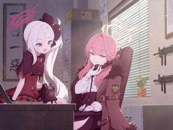 2girls antique_phone aru_(blue_archive) assault_rifle belt black_flower blue_archive box cabinet capelet chair closed_mouth coat coat_on_shoulders computer corded_phone desk doremi_(doremi4704) dress emblem file_cabinet flower fur-trimmed_coat fur_trim game_asset gloves gun hair_flower hair_ornament hair_over_shoulder halo hanging_scroll highres holding holding_pen holding_phone hwansang indoors laptop long_hair long_sleeves looking_at_another m16 m16a4 multiple_girls mutsuki_(blue_archive) nervous_smile non-web_source office office_chair official_art on_chair on_table open_mouth orange_halo pen phone pink_hair plaid_clothes plaid_skirt plant red_capelet red_coat red_dress red_eyes red_halo rifle rotary_phone scroll self-datamine shirt side_ponytail sitting skirt smile sunlight swivel_chair table talking_on_phone weapon weapon_on_wall white_gloves white_hair white_shirt window window_blinds yellow_eyes